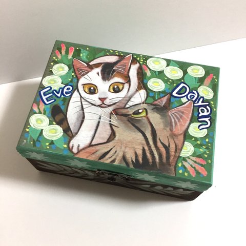 J様専用ページ② 似顔絵 ペットの似顔絵 手描き 猫の木箱 小物入れ 原画 手書き 猫  絵 絵画 イラスト 花 フラワー