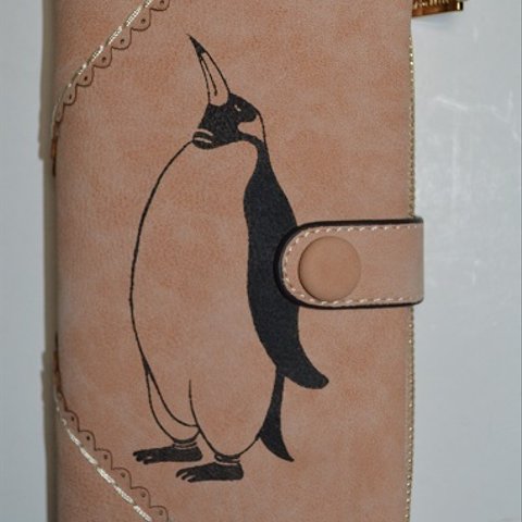 ペンギン財布、ベージュ、手帳型財布、収納力抜群のお財布、オリジナルデザイン