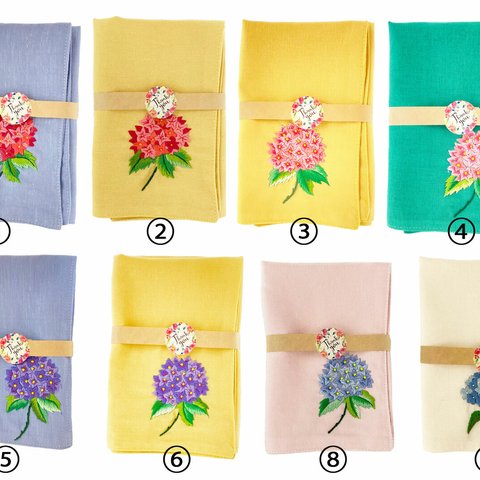 リネン手刺繍ハンカチ「紫陽花」30cm×30cm　様々な色