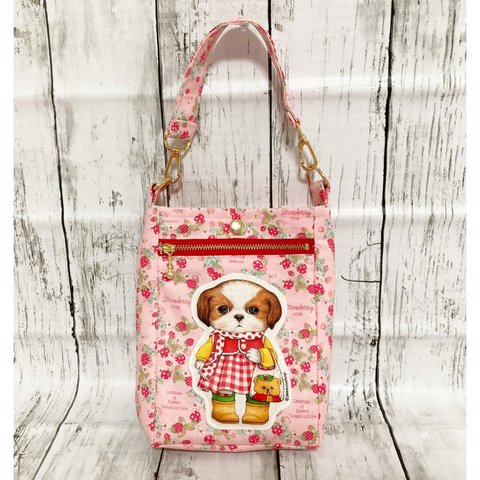 💜sold out💚マフラー　アンコ★スマホバッグ　シーズー　犬　dog  松山敦子　苺柄　イチゴ