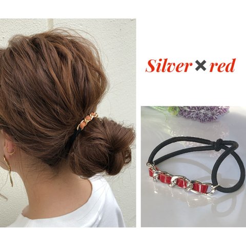 【数量限定】シルバーチェーン✖️レザーヘアゴム     レッド