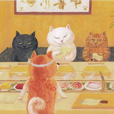 5. カマノレイコ　猫ポストカード２枚組　「おすし」