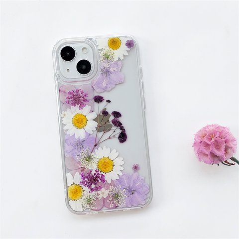 『かすみ草＆紫陽花』iPhone14Pro/SE/Xperia10IV/GALAXYS23 スマホリング 押し花ケース