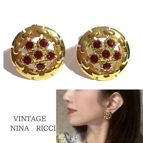 0270 90s VINTAGE nina ricci  ビジューストーン　ニナリッチ  フラワー　イヤリング  クリップ　ブライダル　結婚式　アンティーク  ヴィンテージ  華やか　ギフト　デニム