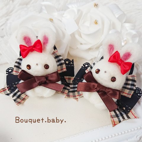 うさ🍓ツインヘアゴム💝🐰チェックリボン୨୧キッズ୨୧プレゼントにも💛  Bouquet&baby