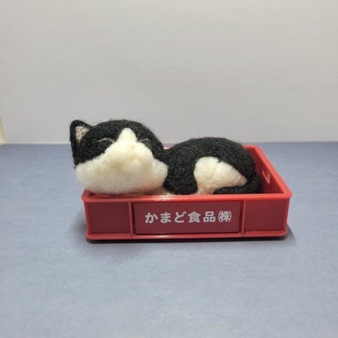 おひるね猫　羊毛フェルト　ハチワレ猫