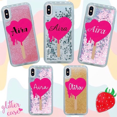 名入れ可能♩いちごアイス グリッターケース iPhoneケース オリジナルケース ハンドメイド カスタムケース  オリジナルスマホケース ピンク