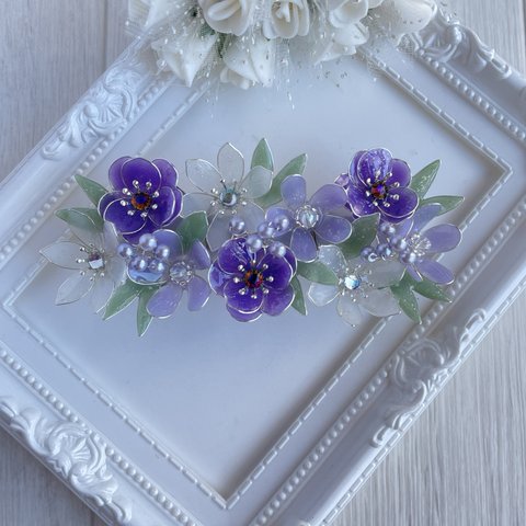 〈sold out〉大きめバレッタ「純粋〜Spring bouquet」〜オーニソガラム・アネモネ・ブルースター　送料無料