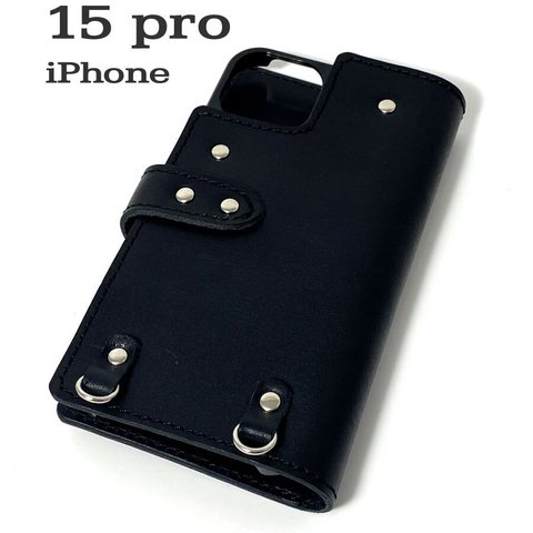 送料無料 手帳型 スマホケース iPhone 15 pro 用 スマホショルダー ハードカバー 革 ブラック
