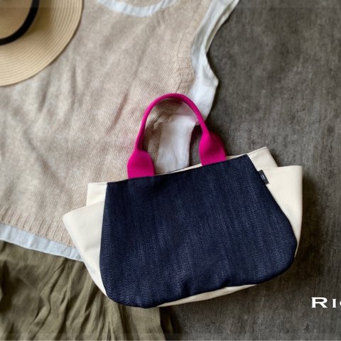 SIOCO・Ricoシリーズ   デニム×8号帆布《生成り》×持ち手紐《マゼンタ》 トートバッグ Lサイズ　デイリーバッグ　ピンク
