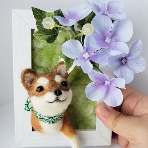 柴犬　紫陽花　フレーム　飾り　置物　羊毛フェルト　☆