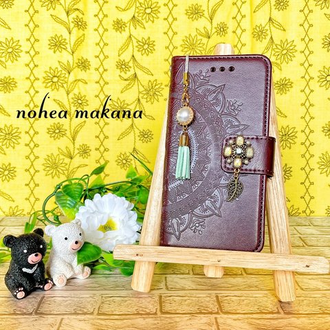 《makana》【ガラスフィルム付き】iphone手帳型ケース☆ボルドー