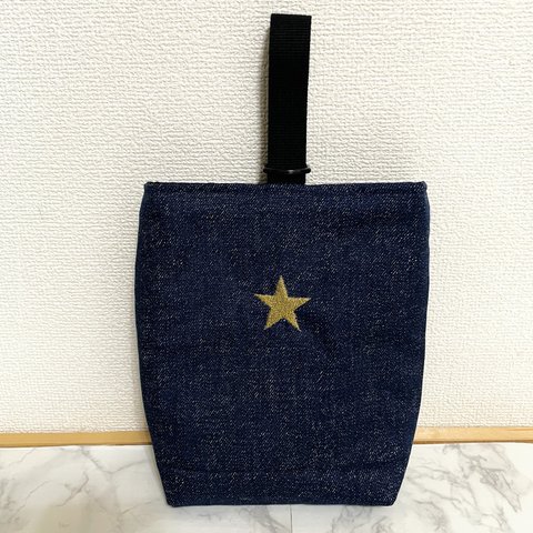 ワンポイント刺繍のシューズ袋【デニム×星】