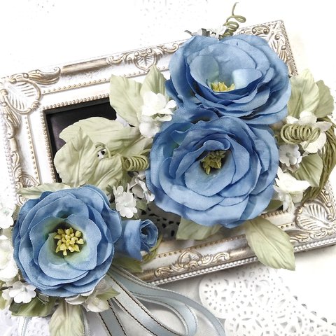 【送料無料】セレストブルーのバラの親子コサージュ　卒業式　入学式　結婚式　アートフラワー　布花　染花　造花