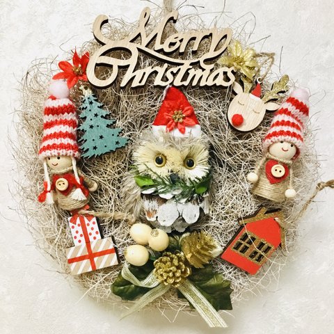 お得プライス✨ミミズクサンタ🎅のにぎやかクリスマスリース🎄✨