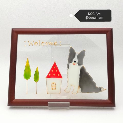 ボーダーコリーブラックホワイト　立ち耳　パピー　Dog＋Home　ウェルカムプレート  DOG.AM 