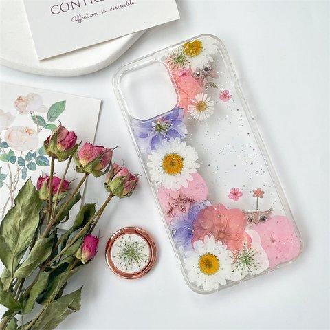 紫陽花*千鳥草、押し花スマホケース、全機種対応、スマホリング、ストラップホルダ一、手帳型、iPhone14、iPhone14plus、iPhone14Pro、iPhone13、iPhoneSE2