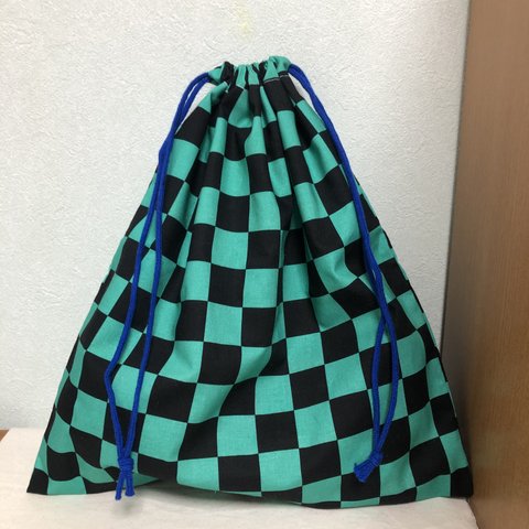 大きめ巾着　市松模様の巾着袋　お着替え袋　　和柄　体操服袋　体操服入れ　男の子