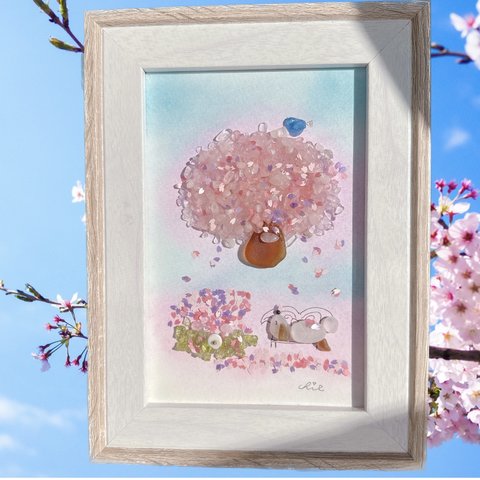 シーグラスアート　桜　🌸　の木の下でお昼寝だワン