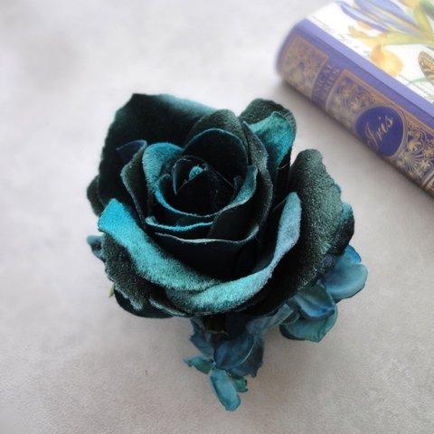 【限定数】大きな薔薇 フラワーコサージュ ■ Limited ■ ベロア素材 ブルーグリーン