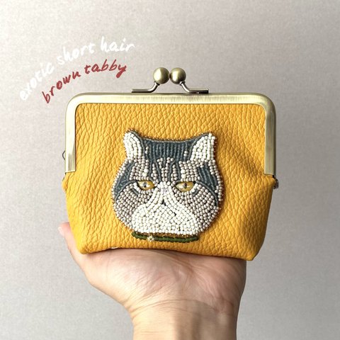 【20%OFF】エキゾチックショートヘア　ブラウンタビー　イエローオーカー　猫　革財布