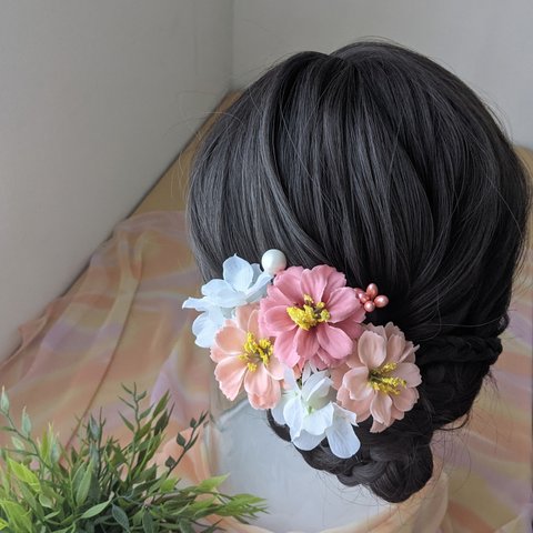 ヘッドドレス❀髪飾り　 ジニア×あじさい（サーモンピンク）ヘアアクセサリー 　造花　ウェディング 　発表会　卒園式　成人式　卒業式　フラ