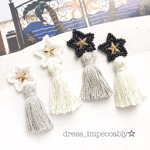 ビーズ刺繍の星のタッセルピアス☆イヤリング☆★