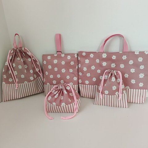 小花柄ピンク×ピンクストライプ　入園入学5点セット（レッスンバッグ、上履き入れ、体操着袋、お弁当袋、コップ袋）