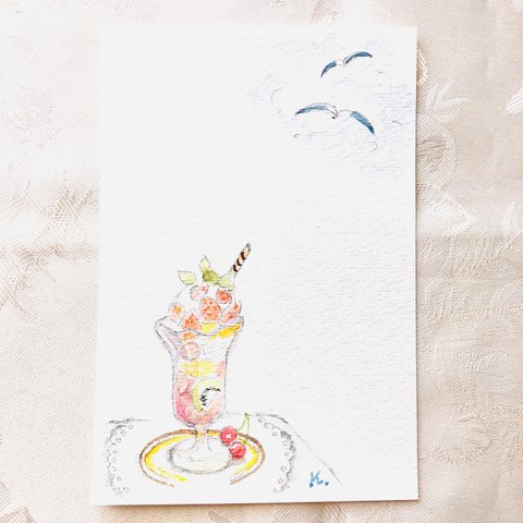 5枚組　"ひんやりパフェをひとくち、ひとくち…"（小）水彩イラストポストカード