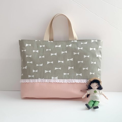 ［5］ ♪リボンがいっぱい Grey × Pinkレッスンバッグ♪ マチ付きに変更できます