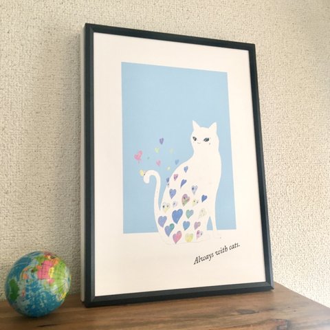 白猫と蝶々　アートポスター オリジナルイラスト　A4/B4/A3