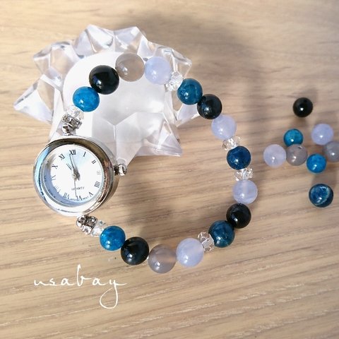 送料無料◆大人blue格好いい＊SWAROVSKI &天然石パワーストーン★ブレスレットウォッチ(最高級ブルータイガーアイ、アパタイト、ブルーレースアゲート、めのう、水晶…)＜腕時計、ブレスウォッチ＞