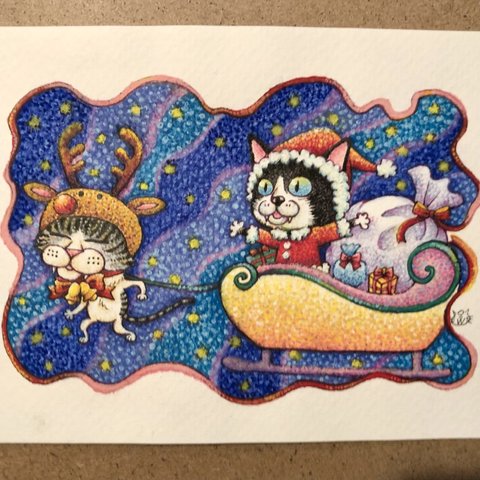 【色鉛筆画】チビちゃんサンタと福ちゃんトナカイ🐈🎅🎁〜プレゼント届けるにゃん〜イラスト原画