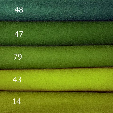 【フェルト】グリーングループから好きな色を選ぶ  ウールフェルト　カラーフェルト　フェルト生地　ウール100％フェルト：110色　20X30cm　厚さ1㎜　