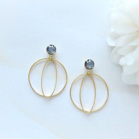 *2680*Simple bijou ×Hoop earring／pierce(グレー)