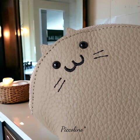 本革☆小銭入れ カード入れ ミニ財布 キーケース コインケース 可愛い猫  グレージュ