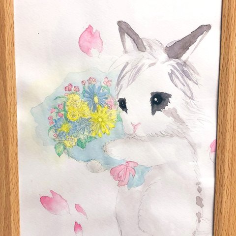 [B5]うさちゃん🐰と お花🌸のｵｰﾀﾞｰｲﾗｽﾄ(水彩画)