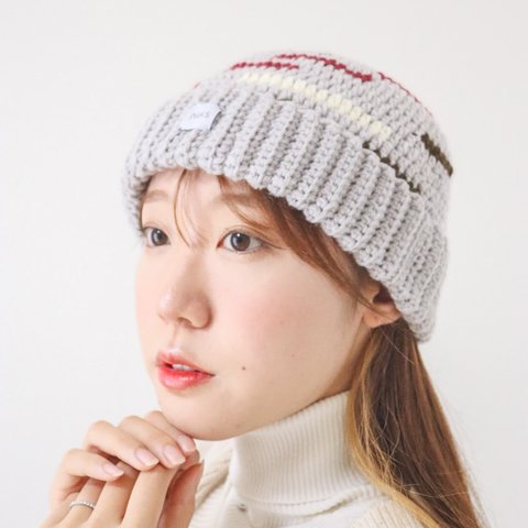 【特集掲載】ニット帽 グレー 手編み 帽子 秋冬 かぎ針編み 