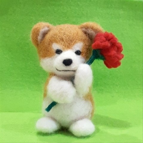 羊毛フェルトのカーネーションを持つ秋田犬