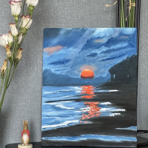 手描き油絵原画-海辺の日没