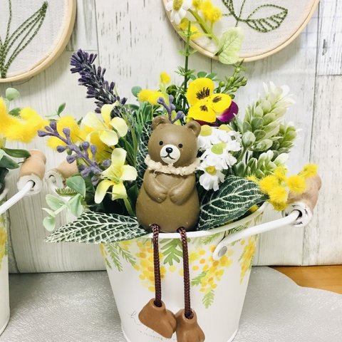 選べるクマさん🐻ウサギさん🐰ミモザアレンジポット🐻💐ミニカレイドフレームつき✨