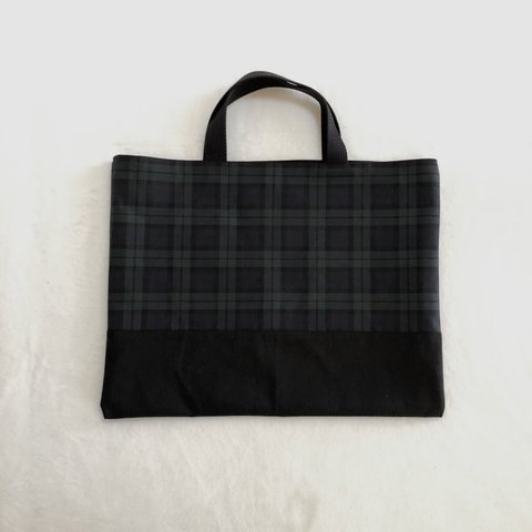 【sold out】ネイビー×グリーンチェックのレッスンバッグ　黒