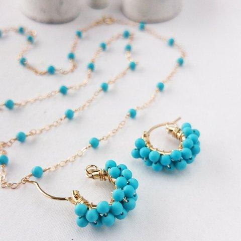 14kgf＊2WAY Turquoise station necklace + pierce/earring　ターコイズブルー