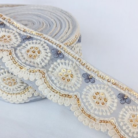 【50cm】【50mm幅】【ブルー】インド刺繍リボン　ホワイト刺繍　フリンジ　ハンドメイド　手芸　R042-2