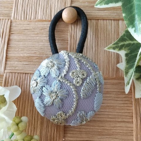 インド刺繍リボン くるみボタン ヘアゴム＊すみれ色シルバーライン＊