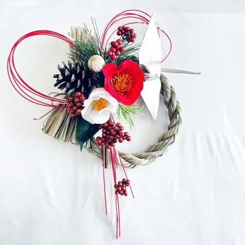 手作りキット＊紅白椿と鶴で祝う新年のしめ縄飾り