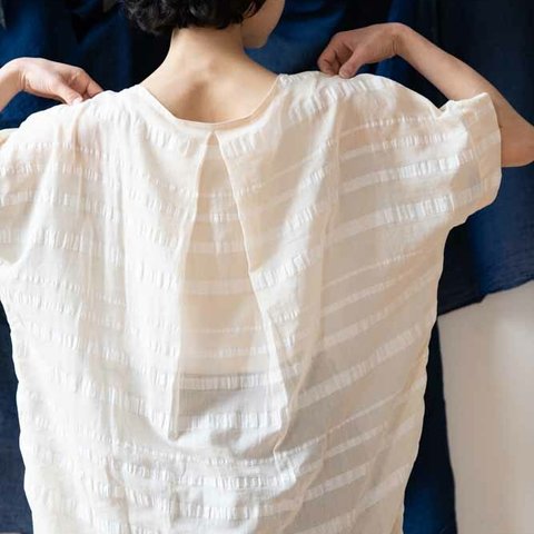 OrganicCotton &Linenボーダー　後ろタックの５分袖ワンピース