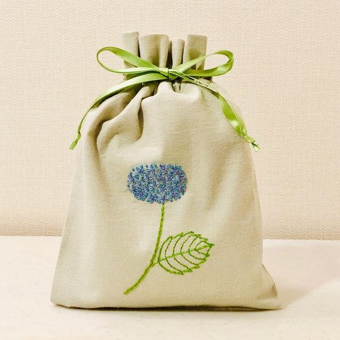 刺繍 アジサイ 巾着 ポーチ ＜イエローグリーンリボン＞　花