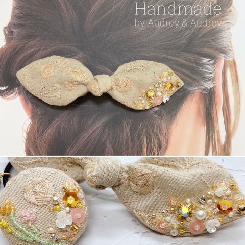 《秘密のおとぎ話》 お花畑みたいなきらきらビーズ刺繍のバレッタとヘアゴム 丸いリボン  Lサイズ