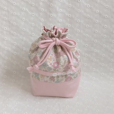 リバティ風ミニフラワーズと可愛いピンクのコップ袋